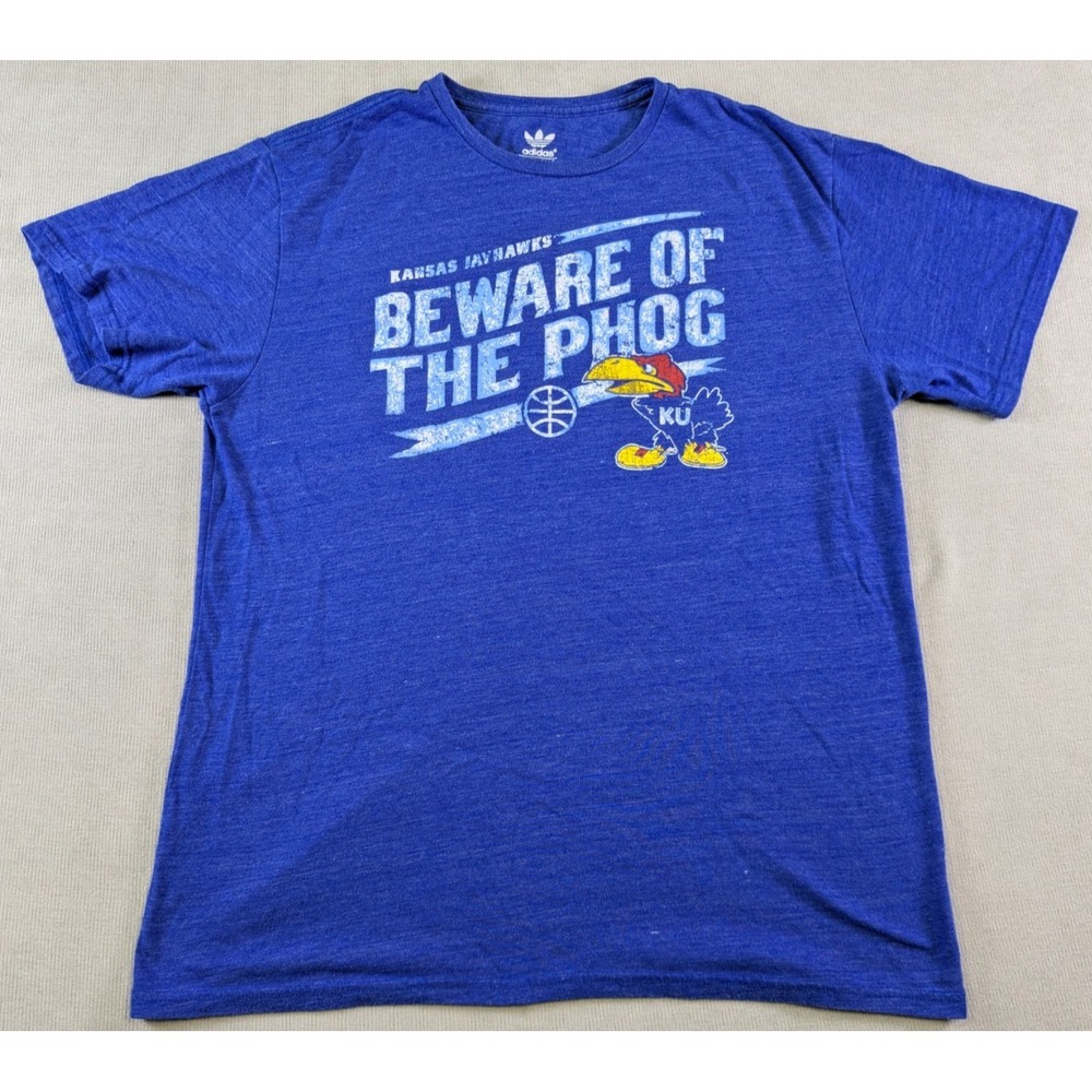 Kansas Jayhawks Shirt Mens XL Blue Adidas Basketball Retro Distressed Throwback